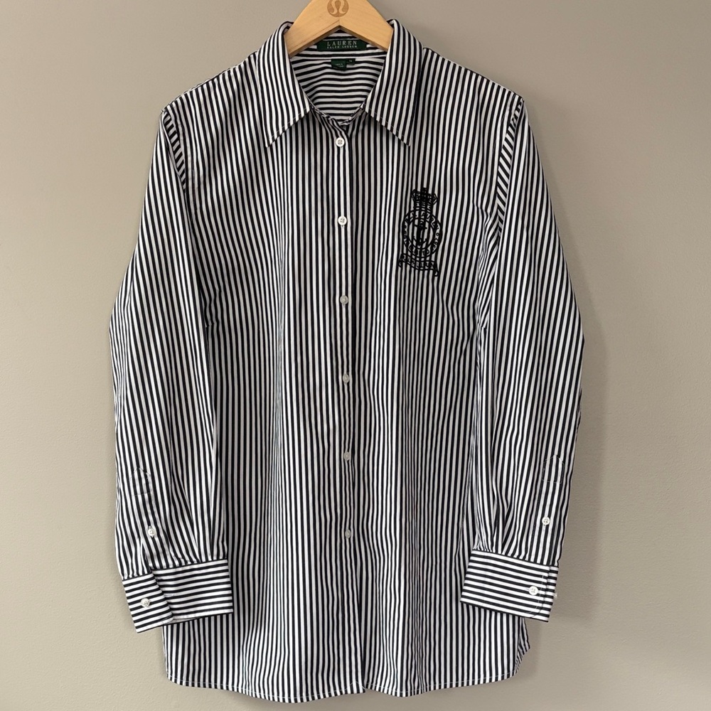 Vintage 90s Lauren Ralph Lauren‎ Striped Logo Button Down Black White Size 1X